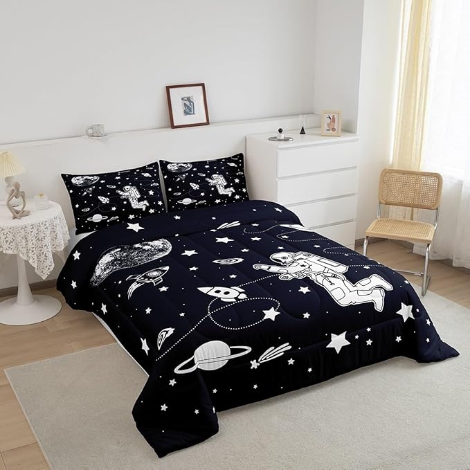 Feelyou Solar System Comforter Set Full Size Outer Space Comforter for Kids Teens Adults Universe Planets Bedding Set Cute Astronaut Blue White Duvet Set Room Decor 3Pcs with 2 Pillow Case
