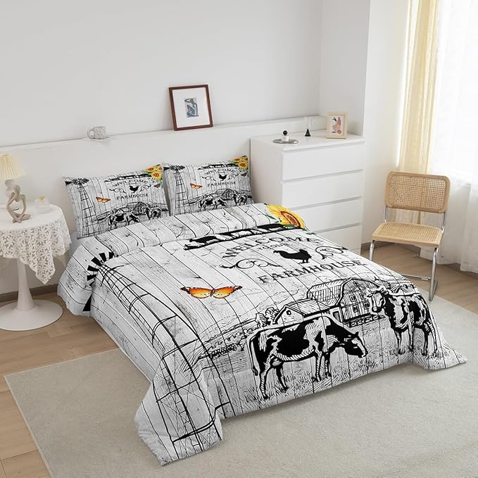 Rustic Western Comforter Set, Western Cow Bull Bedding Queen For Boys Teens Youth, Tribal Windmill Farmhouse Southwestern Bedding Comforter Sets for Women Men, Woodland Animals Quilt, 2 Pillowcases