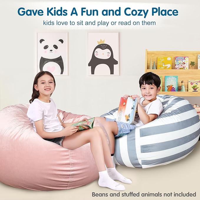 Lukeight Stuffed Animal Storage Bean Bag Chair Cover for Kids, Zipper Beanbag Chair Cover for Organizing Toddler & Kids' Rooms Plush Toys (Gray+white Velvet, X-Large)