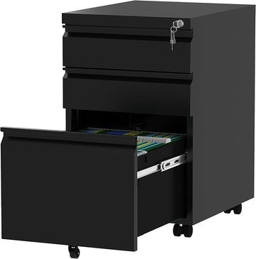 YITAHOME 3-Drawer Mobile File Cabinet with Lock, Office Storage Filing Cabinet for Legal/Letter Size, Pre-Assembled Metal File Cabinet Except Wheels Under Desk -Black