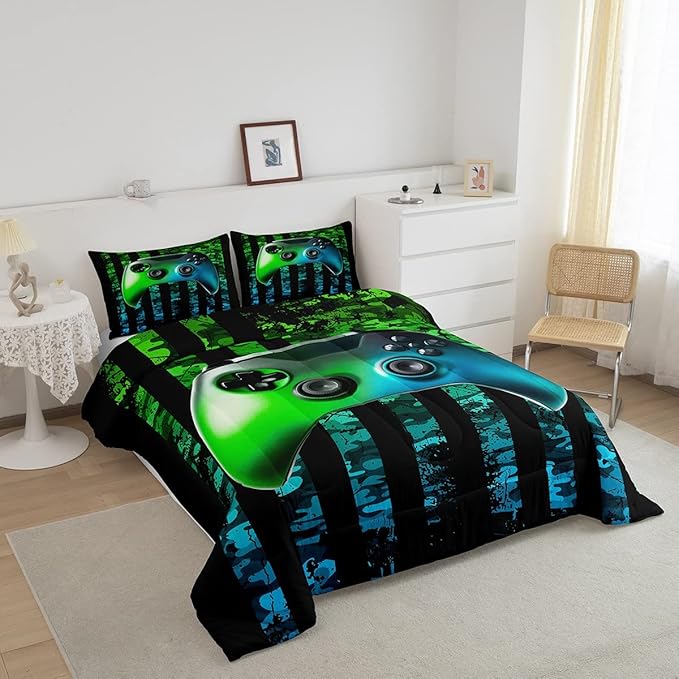 Gamer Bedding Sets for Boys American Flag Comforter Set Twin Size Gaming Comforter Military Camo Retro Down Comforter Kids Game Room Decor Teens Adult Green Blue Gamepad Duvet Set,Black,Warm Soft