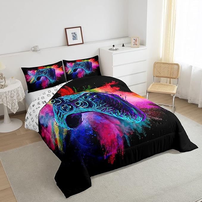 Erosebridal Teen Boys Gaming Full Size Comforter Sets Kids Gamer Bedding Set Girls Colorful Tie Dye Down Comforter Video Game Room Deocr Bed Set Navy Blue Gamepad Bedding Quilt with 2 Pillow Cases