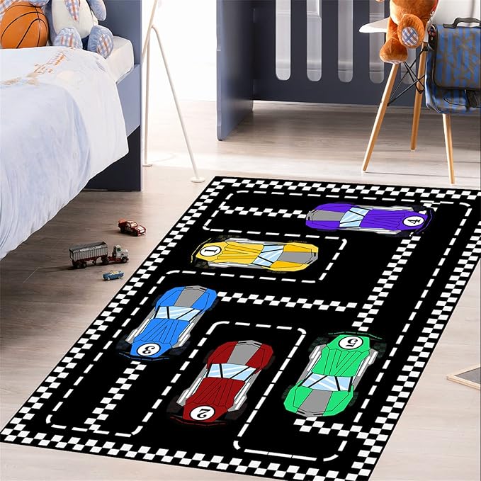 Car Rug Race Car Rug Car Track Rugs for Boys Race Track Carpet Race Car Track Rug Car Rug for Boys Room Car Rug Play Mat Car Carpet for Kids Rugs for Boys Bedroom,Black 2'5''×4'