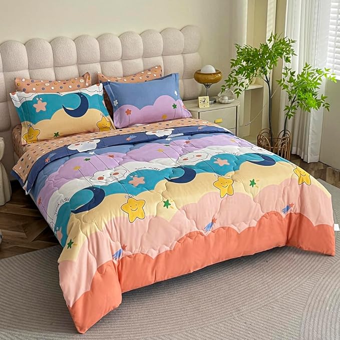 Kids Moon Stars Cloud Comforter Set Twin size - 7 Piece Rainbow Kawaii Bedding Set Bed in A Bag for Girls Boys Teens - Goodnight Moon Neutral Soft Comfortable Machine Washable Bed Set