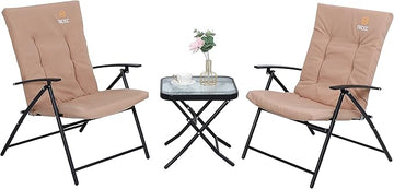 Nice C Outdoor Dining Sets, Patio Furniture Set, 8 Piece Set with Umbrella, Garden Outdoor Furniture Table Set with Tilted Removable Umbrella, Glass Table, and 6 Folding Chairs (Nude-3 Piece)