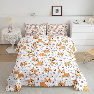 Feelyou Kids Kawaii Corgi Comforter Set Toddler Cute Dog All Season Down Comforter Boys Girls Cartoon Puppy Dog Bedding Set Lovely Animal Quilt Set Room Decor 3Pcs with 2 Pillow Case Queen Size