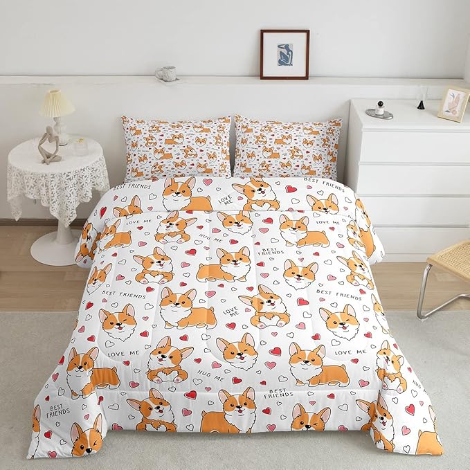 Feelyou Kids Kawaii Corgi Comforter Set Toddler Cute Dog All Season Down Comforter Boys Girls Cartoon Puppy Dog Bedding Set Lovely Animal Quilt Set Room Decor 3Pcs with 2 Pillow Case Queen Size