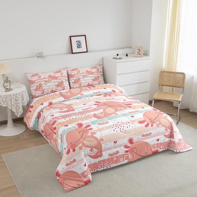 Cute Axolotl Comforter Set Twin Size Rainbow Stripes Quilt Set Animal Theme Bedding Comforters 2pcs for Kids Teens Room Decor,Pink Romantic Soft Duvet Set with 1 Pillowcase