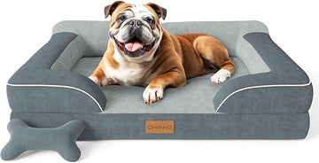 Large Dog Bed, Orthopedic with Cooling Gel Memory Foam, Waterproof with Removable Washable Cover, 36" Dog Sofa Couch Dutch Velvet with Bone Toy, Dark Gray