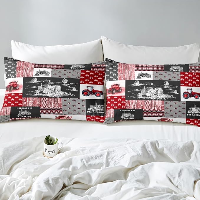 Erosebridal Red Tractor Bedding Set for Boys Full,Construction Tractor Comforter Set Kids Teens Equipment Trucks Down Comforter Black White Construction Vehicle Quilt Set Bedroom Decor