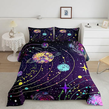 Feelyou Solar System Comforter Set Queen Size Outer Space Comforter for Kids Teens Adults Universe Planets Bedding Set Cute Astronaut Purple Duvet Set Room Decor 3Pcs with 2 Pillow Case