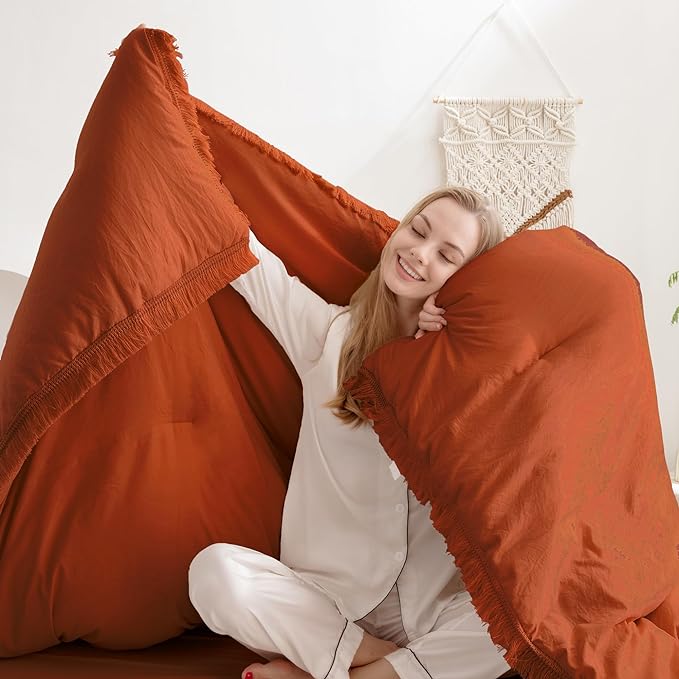 Andency King Size Comforter Set Burnt Orange, 3 Pieces Boho Terracotta Soft Lightweight Bedding Comforter Sets, Rust Tassel All Season Bed Set (104x90In Comforter & 2 Pillowcases)