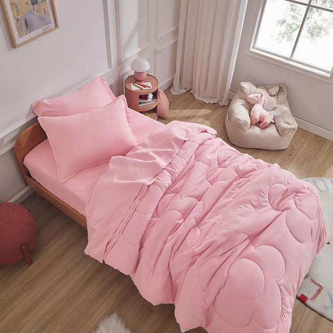 SLEEP ZONE Kids Pink Bedding Comforter Set Full/Queen Size - Super Cute & Soft Girls Bedding 7 Pieces Set with Comforter, Sheet, Pillowcase & Sham (Cinquefoil Pink)