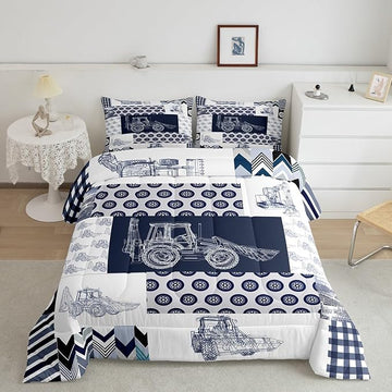 Feelyou Kids Construction Comforter Set Twin Size Equipment Trucks Bedding Set for Boys Cartoon Car Excavator Tractor Comforter Construction Vehicles Plaid Grid Blue and White Duvet Set