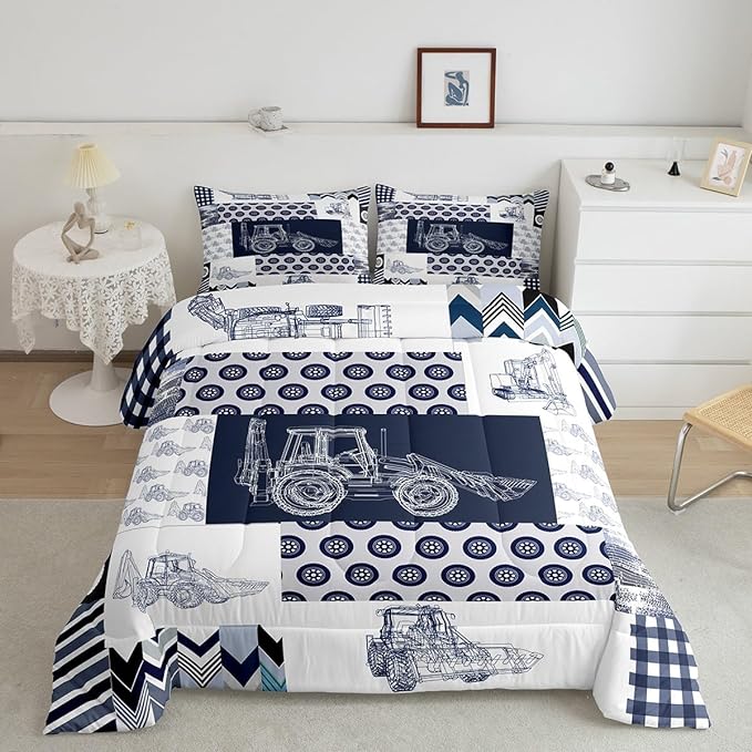 Feelyou Kids Construction Comforter Set King Size Equipment Trucks Bedding Set for Boys Cartoon Car Excavator Tractor Comforter Construction Vehicles Plaid Grid Blue and White Duvet Set