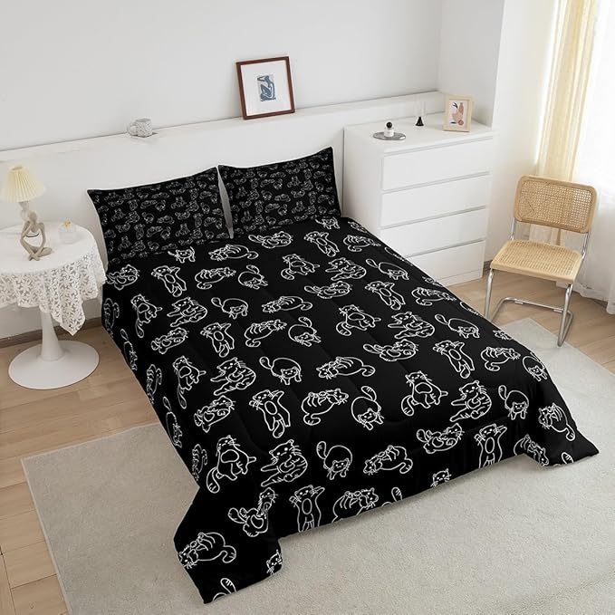 Cartoon Cat Bed Sheet Set Cute Pet Cats Kids Comforter Set Animal Pattern Printed Bedding Set Set for Boys Room Decor Kitten Print Bed Cover Full Size with 3 Pillow Case