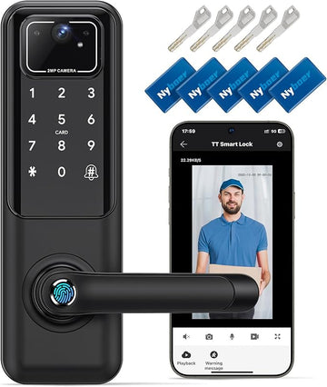 WiFi Video Smart Door Lock: Fingerprint Door Lock with Camera- Keyless Entry Door Lock with Handle - Electronic Digital Door Lock with Keypad - WiFi Smart Lock for Front Door, Black, H3 Pro