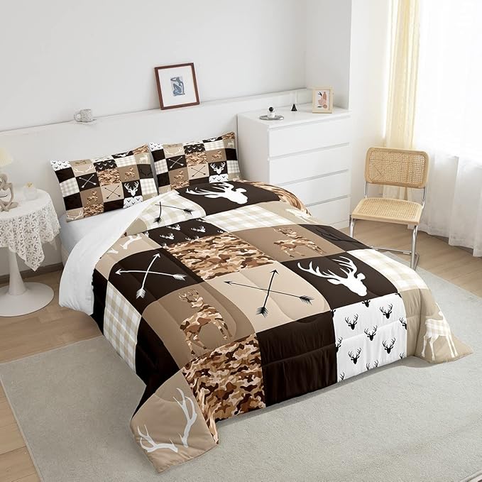 Camo Animal Kids Comforter Set Full Size,Deer Antlers Silhouette Bedding Set,Girls Boys Adults Bedroom/Xmas Decor,Checkered Geometric Down Comforter,Arrow Boho Tribal Duvet Insert,3pcs,2 Pillowcases