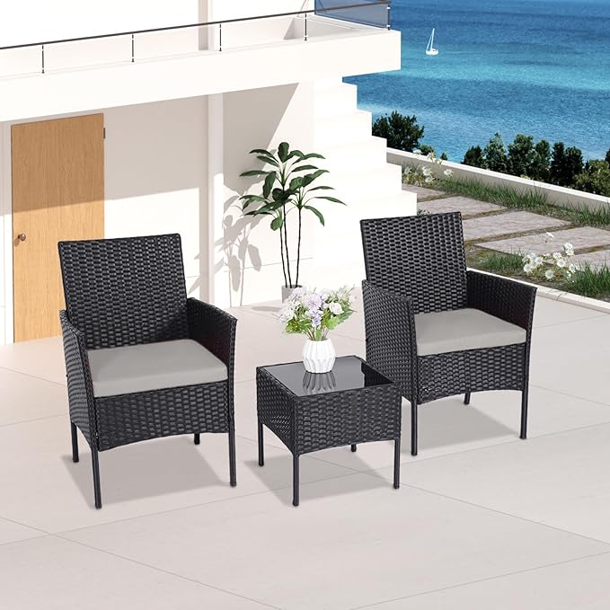 Patio Furniture Set 3 Pieces All-Weather Rattan Outdoor Furniture Patio Chairs with Tempered Glass Table for Porch Bistro Balcony Bistro Set(Black/Grey-3)