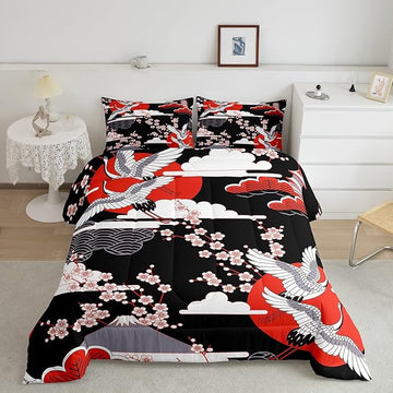 Japanese-Style Comforter Set King Size Pink Cherry Blossoms Bedding for Boys Girls Women Soft Microfiber 3 Pieces Quilted Duvet Ukiyoe Theme Down Comforter Japanese Traditional Pattern Quilt