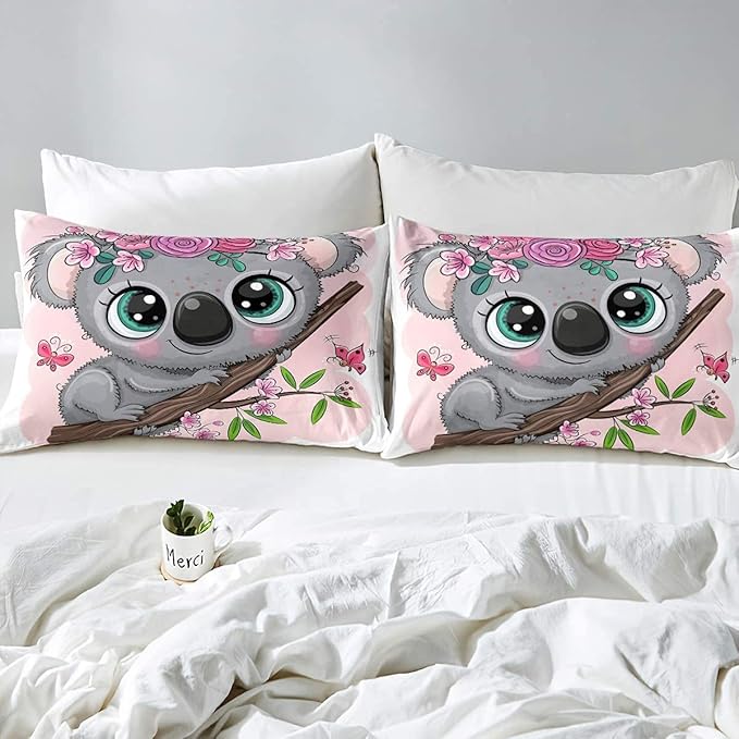 Erosebridal Cartoon Koala Comforter Set Twin Size, Cute Koala Bedding Set, Cherry Blossom Rose Quilted Duvet for Kids Baby Toddler, Nursery Quilt Set, Butterfly Branch Leaves Duvet Set