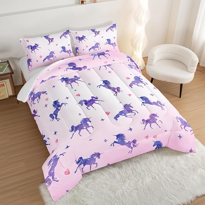 HOSIMA Kawaii Unicorn Comforter,Purple Unicorn with Stars and Love Heart Princess Toddler Bedding Set-Soft Microfiber Twin Bed in a Bag,Fairycore Room Decor Pink Twin Comforter with 2 Pillowcases.