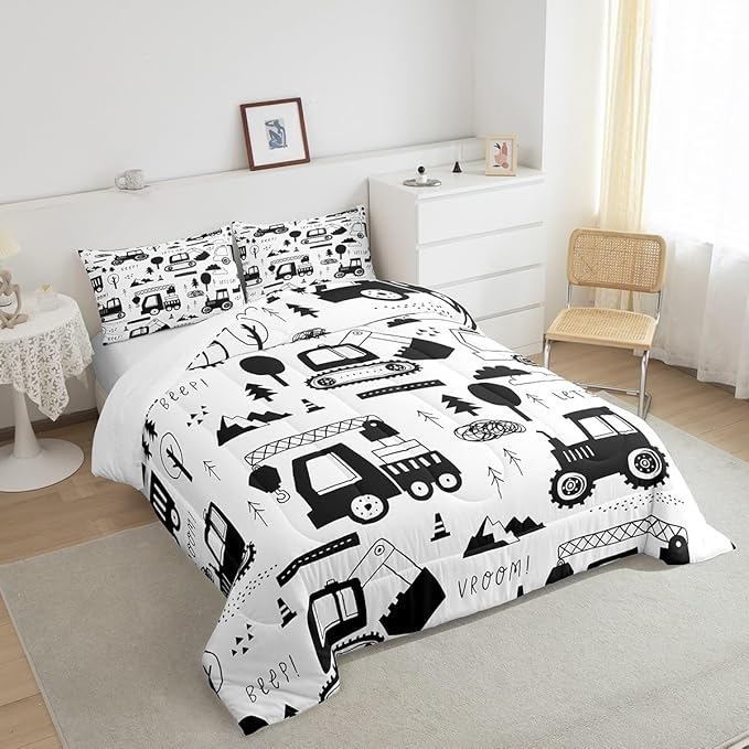 Feelyou Construction Bedding Set Queen Size Equipment Trucks Comforter Set for Kids Boys Girls Decor Cartoon Car Excavator Tractor Comforter Black White Duvet Set Bedroom Quilt Set