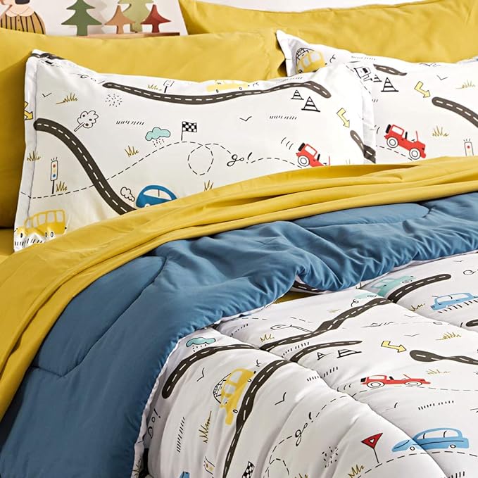 SLEEP ZONE Kids Bedding Comforter Set Full/Queen Size - Super Cute & Soft Kids Bedding 7 Pieces Set with Comforter, Sheet, Pillowcase & Sham (Car Road)