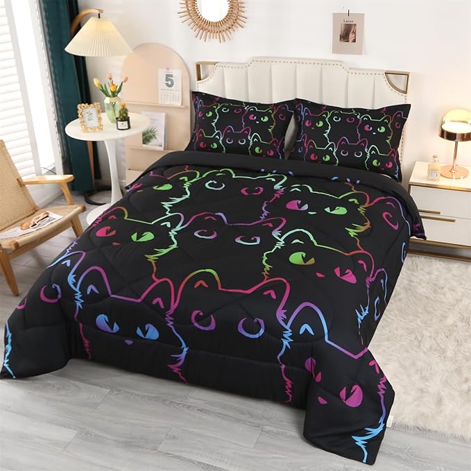 ENCOFT Cats Bedding Set Black Comforter Set Twin for Girls and Boys Premium 3 Piece Cat Bed Set Comfortable and Breathable for Teens and Adults with 1 Comforter and 2 Pillowcases