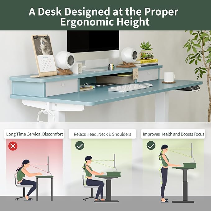 FEZIBO 48 x 24 Inch Height Adjustable Electric Standing Desk with Double Drawer, Stand Up Desk with Storage Shelf, Sit Stand Desk, Blue