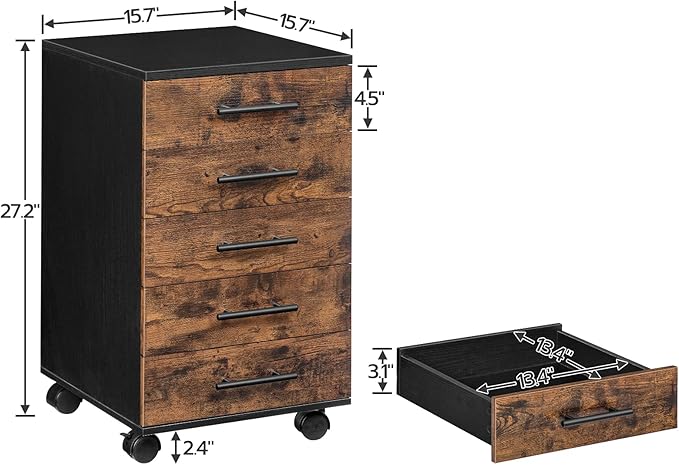 HOOBRO 5-Drawer Chest, File Cabinet, Office Cabinet, Filing Cabinet with Drawers, Wooden Cabinet with Wheels, Storage Cabinet for Makeup, for Home Office, Study, Easy Assembly, Rustic Brown BF05WJ01