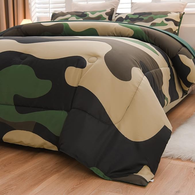 Meeting Story Camouflage Bedding Set, Colorful Pattern Style Comforter Set, 5 PCS One Comforter Two Pillowcases Two Sheets in One Bag, All Season Bedspread for Teens Adults (Green, Full 5Pcs)