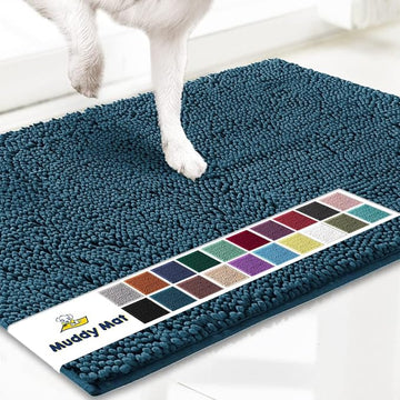 Muddy Mat® Original Dog Door Mat for Muddy Paws, Super Absorbent Microfiber, Non-Slip Washable Pet Rug, Quick Dry Chenille Entryway Carpet, Machine Washable Indoor Outdoor mat, Atlantic Blue 24"x96"