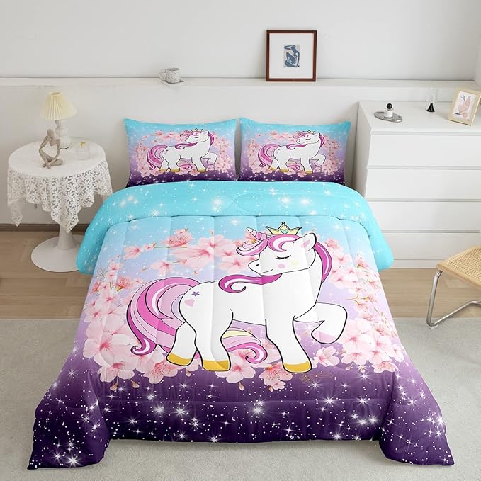 Unicorn Comforter Set King, Kids Unicorn Floral Bedding for Girls Boys Children Bedroom Decor, Cherry Blossoms Glitter Down Comforter Galaxy Kawaii Quilt Set with 1 Pillowcase, Blue Purple Ombre