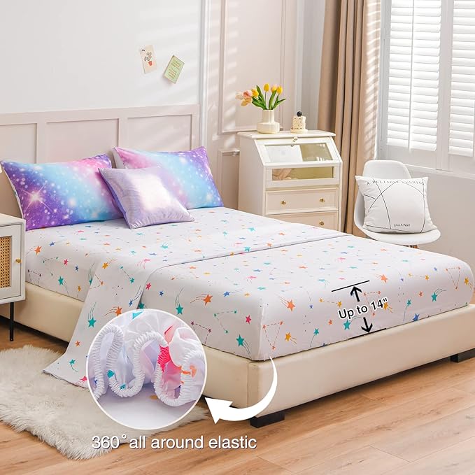 A Nice Night 6Pcs Gradient Glitter Bedding Set for Girls, Colorful Rainbow Galaxy Comforter Set, Ultra Soft Bedding Sets (Purple,Queen 6Pcs)
