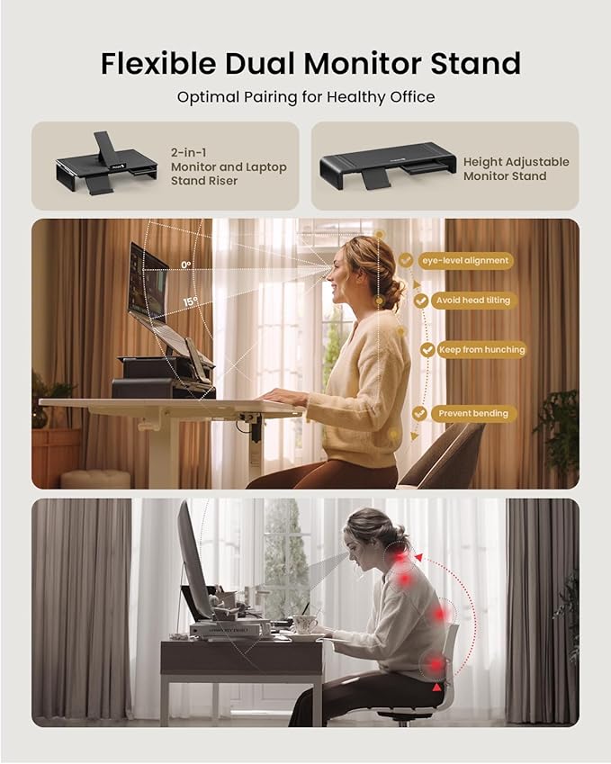 ProtoArc Standing Desk with Dual Monitor Stand Riser, 55 x 24 Inches Height Adjustable Desk with Storage, Electric Stand up Desk with Laptop Stand (Black/White)