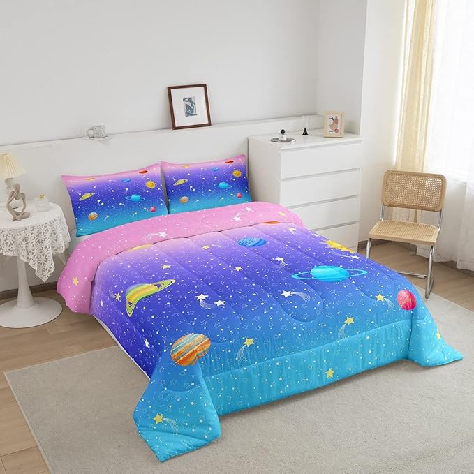 Erosebridal Cute Galaxy Comforter Set King for Boys Girls Kids Stars Planet Space Bedding Set Kawaii Rainbow Pastel Bedding Comforter Sets Pink Blue Purple Ombre Cartoon Quilt Duvet 2 Pillow Cases