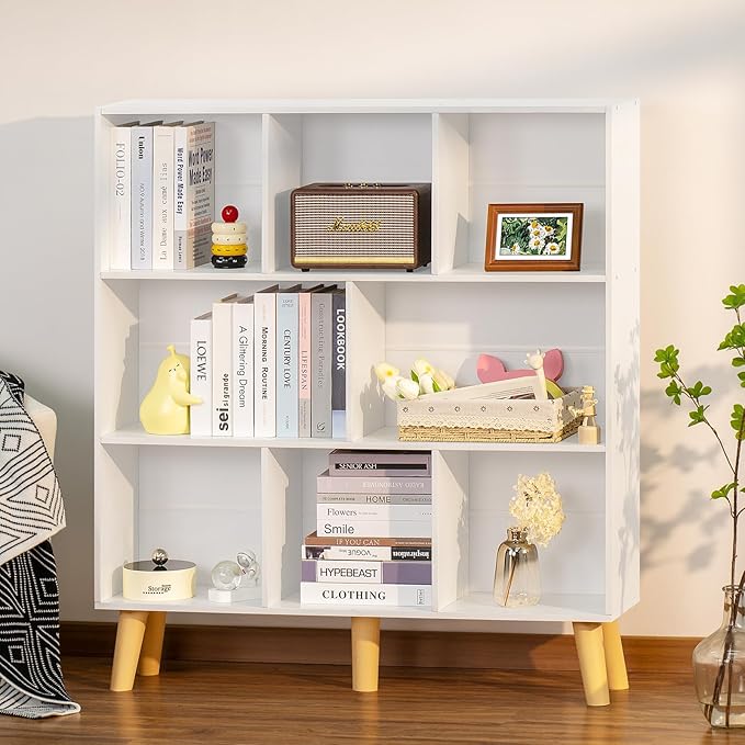 YAHARBO 8 Cube White Bookshelf,3 Tier Book Shelf with Legs,Modern Minimalist Bookcase,Open Book Shelves Storage Organizer,Frees Standing Wooden Display Bookcases for Small Space,Bedroom,Living Room