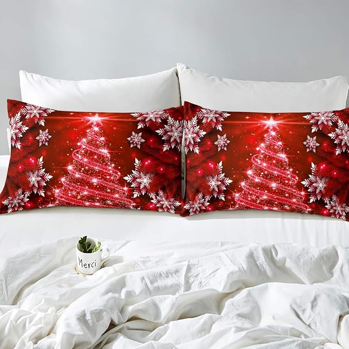 Christmas Tree Comforter Set for Children Kids Boys Girls Luxury Chic Xmas Theme Bedding Set Glitter Snowflake Star Comforter Microfiber Red Duvet Set Room Decor Quilt Set Full Size