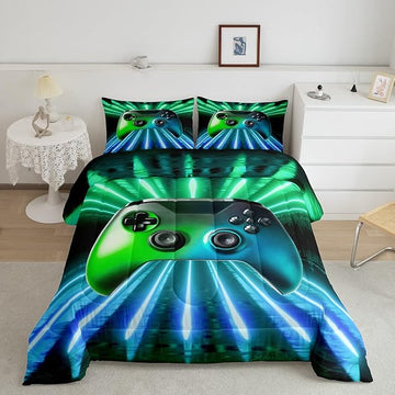 Erosebridal Green Blue Gamepad Comforter Set, Game Player Bedding Set King Size Modern Gamer Gaming Quilted Duvet Neon Trippy Duvet Set for Kids Boys Girls Teens Young Man Room Decorative