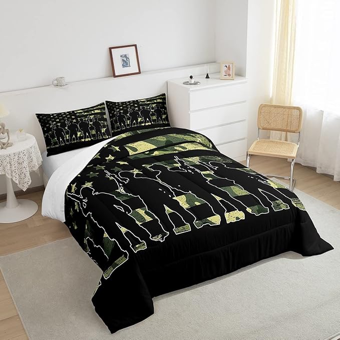 American Flag Comforter Set Queen for Boy Teen ArmyGreen Camouflage Down Comforter Adult Men Soldier Silhouettes Quilted Duvet Military Style Camo Bedding Comforters, 1 Comforter Set + 2 Pillowcases