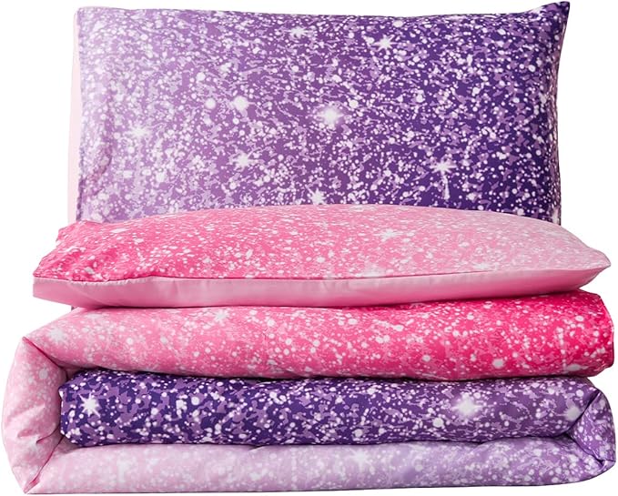Holawakaka Kids Space Star Glitter Comforter Set Ombre Pink Purple Print Gradient Bedding Set Queen Size (Pink Purple, Queen)……