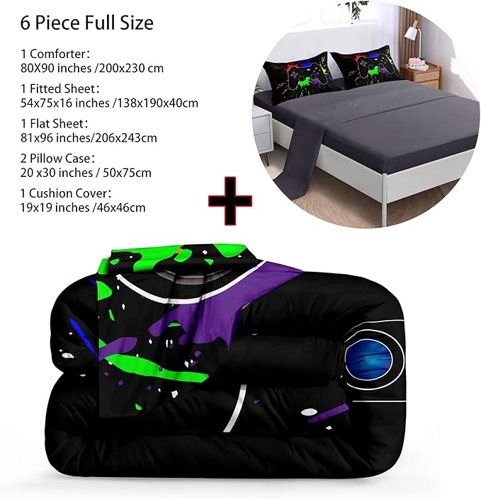 6 Pieces Gamer Comforter Set for Boys Gaming Bedding Set Full Size,Video Game Controller Comforter for Boys Kids Adult 3D Gamepad Microfiber Bedding Sets 6 Pieces Bed in A Bag Sets3001,Full