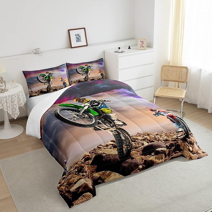 Dirt Bike Comforter Set for Boys Bedroom Motocross Rider Extreme Sports Duvet Insert Mountain Bike Bedding Quilted Set Kids Motorcycle Motorbike Down Comforter,Soft Lightweight for All Season,Twin XL