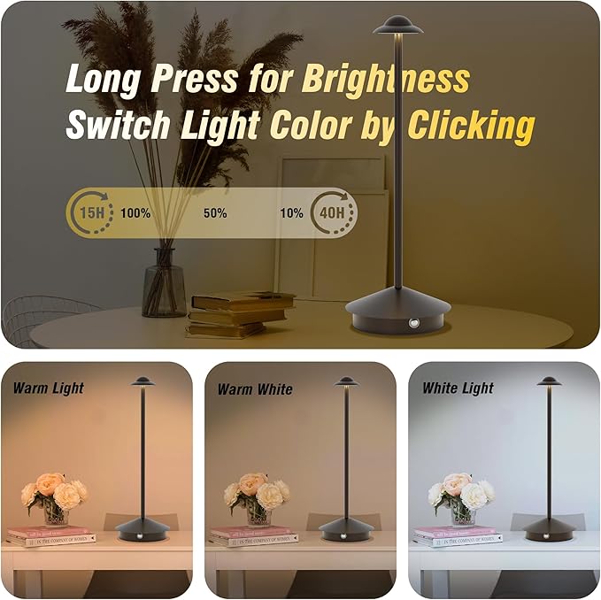 Rechargeable Table Lamp,Cordless Table Lamp,Touch Dimmable Wireless Lamp in Aluminium,5000mAh Battery Desk Lamp for Home/Restaurant/Outside Dining/Dinner/Patio(Brown)