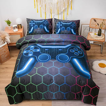 NTBED Game Console Comforter Set for Boys Girls Kids 3D Gaming Geometric Lightweight Microfiber Bedding Sets (Multi, Full)