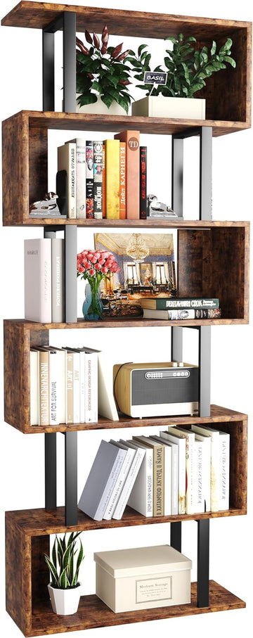 Yusong Geometric Bookcase, S Shaped Bookshelf 6-Tier Book Shelves for Bedroom, Modern Wood Decorative Display Shelf Tall Book Case for Home Office, Bown and Black