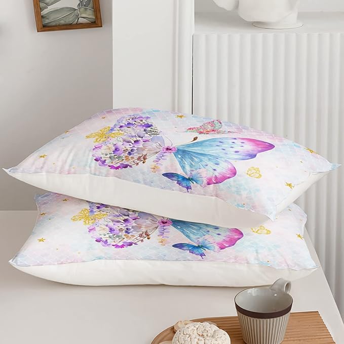 Axolotl Butterfly Bedding Twin,Rainbow Butterfly Comforter Set for Girls Teens,Butterfly Bedding for Girls with Golden Star Scales Pattern,Butterfly Printed Quilt Set with 1 Comforter 2 Pillowcases