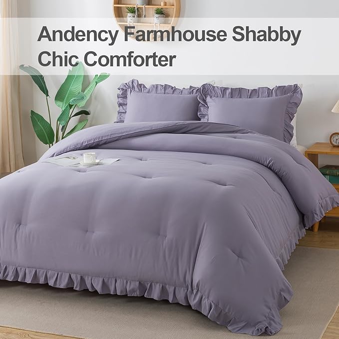 Andency Grayish Lavender Purple Queen Comforter Set, 3 Pieces Solid Ruffle Bedding Comforter Sets for Queen Bed, Lightweight Fluffy Soft Microfiber All Season Bedding Set
