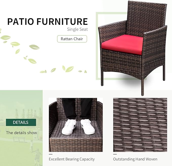 Greesum 3 Pieces Patio Furniture Sets Outdoor PE Rattan Wicker Chairs with Soft Cushion and Glass Coffee Table for Garden Backyard Porch Poolside, Brown and Red